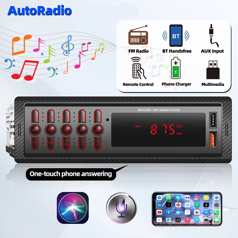 12 В FM-радио, громкая связь, Bluetooth-совместимый автомобильный аудио, светодиодная подсветка, цифровое радио, сенсорный экран, USB-зарядка, пульт дистанционного управления