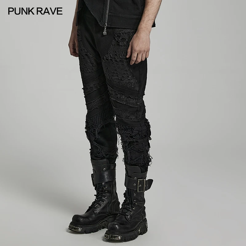 Панк-рейв Мужские готические потертые уличные брюки с индивидуальной текстурой Повседневные черные брюки из сетчатого эластичного саржевого денима с рваными отверстиями