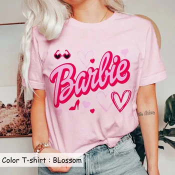 2023 Модная женская футболка Barbie с короткими рукавами Y2K Для девочек с летним принтом, Мягкие свободные топы с круглым вырезом, майка, одежда для йоги