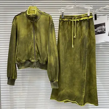 2023 Осенняя уличная стирка, винтажная окрашенная куртка + длинная юбка с эластичным поясом, зеленый повседневный комплект из двух предметов