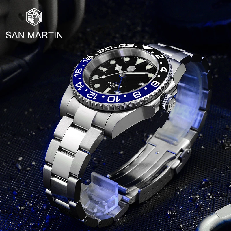 San Martin Топовые Роскошные мужские Механические часы GMT Деловые Наручные часы с автоподзаводом Сапфировые Водонепроницаемые 200m Дата BGW-9 Светящиеся