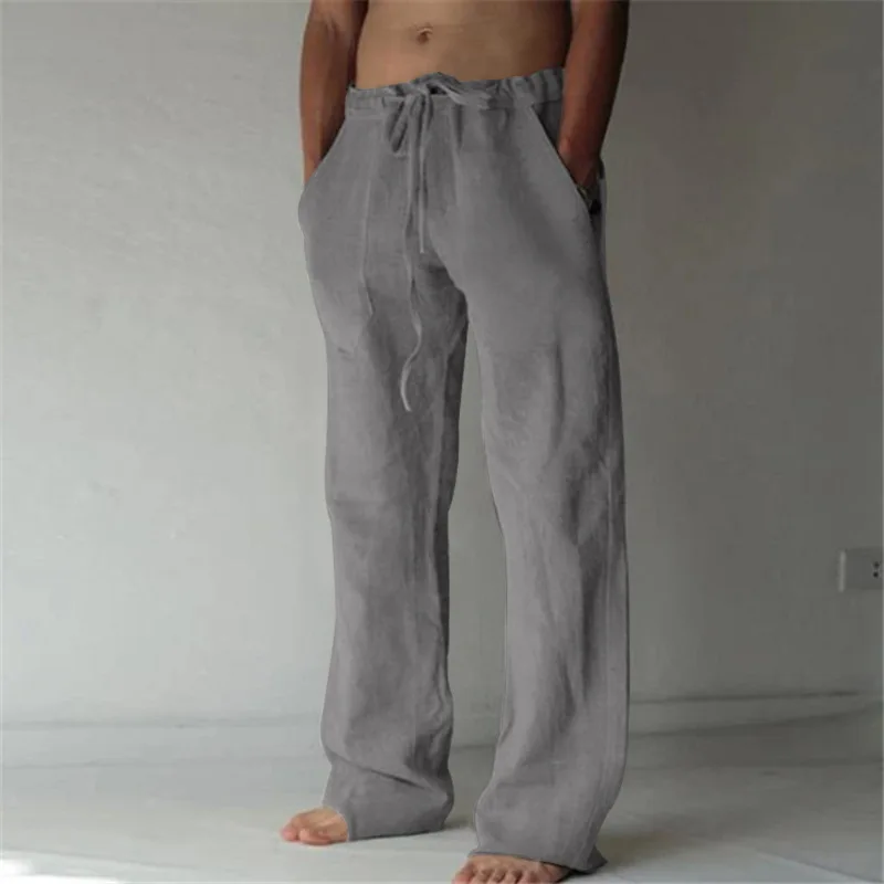Базовые однотонные мужские льняные брюки, повседневные свободные пляжные брюки с завязками, уличная одежда большого размера 4XL, мужские брюки