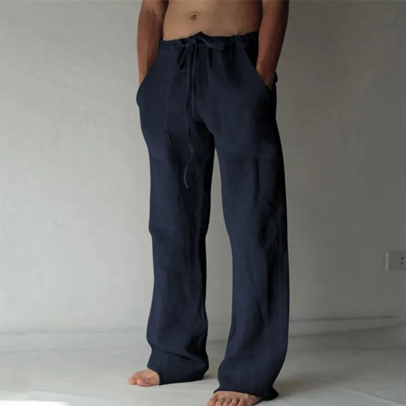 Базовые однотонные мужские льняные брюки, повседневные свободные пляжные брюки с завязками, уличная одежда большого размера 4XL, мужские брюки