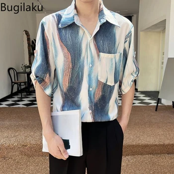 Bugilaku Летняя тонкая повседневная роскошная универсальная рубашка с рукавом 5/4, мужская персонализированная модная мужская рубашка