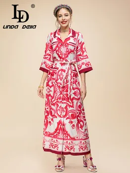 LD LINDA DELLA Летнее дизайнерское платье для подиума в новом стиле, женское платье с лацканами, Однобортный пояс с принтом, Свободное вечернее длинное платье
