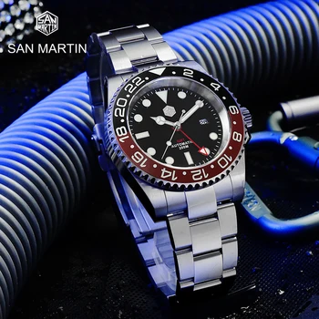 San Martin Топовые Роскошные мужские Механические часы GMT Деловые Наручные часы с автоподзаводом Сапфировые Водонепроницаемые 200m Дата BGW-9 Светящиеся