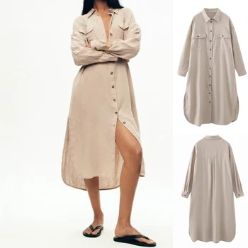 UNIZERA 2023 Летняя Новая женская одежда в европейском и американском стиле, свободное и тонкое льняное платье Миди 8367046