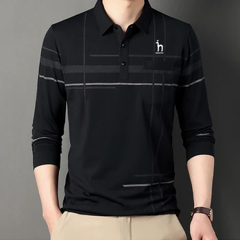 Весенне-осенне-зимний мужской гольф HAZZYS с длинным рукавом, молодежная повседневная мода, простая однотонная рубашка поло с лацканами, базовый топ
