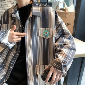 Весенняя рубашка в полоску 2023, мужская японская винтажная блуза для городских брюк для мальчиков, Японская классическая свободная повседневная куртка на пуговицах