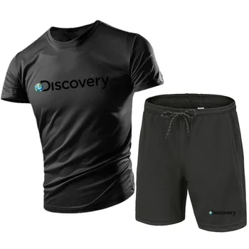 Жаркое лето 2023, мужская футболка + шорты, мужской спортивный комплект, модный комплект из дышащей футболки с коротким рукавом с принтом Discovery для отдыха