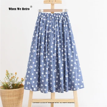 Женская юбка из 100% хлопка с цветочным принтом, Милая синяя Длинная юбка трапециевидной формы длиной Миди с высокой талией, Boho Jupe RS1128