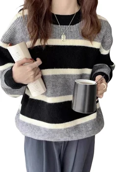 Женский вязаный свитер с длинным рукавом и круглым вырезом, полосатый свитер, теплый пуловер, свитер на осень-зиму