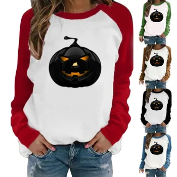 Женский нарядный свитер, женская толстовка с круглым вырезом и длинными рукавами, женские свитера с принтом тыквы на Хэллоуин, молния на четверть