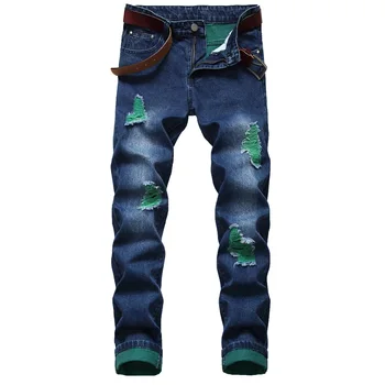 Модные джинсовые брюки прямого кроя с перфорацией в виде трубки для мужчин Slim Fit
