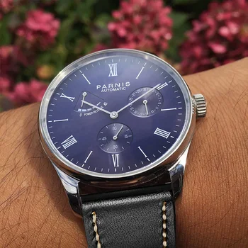 Модные мужские часы Parnis с синим циферблатом 41,5 мм, автоматические Механические мужские часы, Серебристый корпус из нержавеющей стали, кожаный ремешок, календарь, роскошные часы