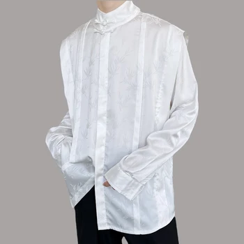 Осенняя новая мужская рубашка из китайского атласа и жаккарда со стоячим воротником и пуговицами, уличная одежда с длинным рукавом, модные повседневные майки