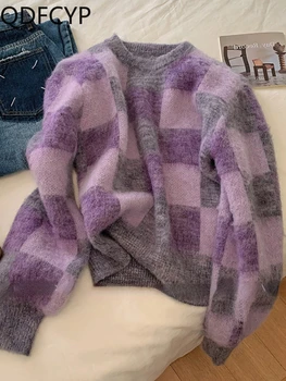 Осень-зима 2023, Новый женский свитер, винтажный укороченный фиолетово-серый топ в клетку в клетку, модный мягкий теплый вязаный пуловер для женщин