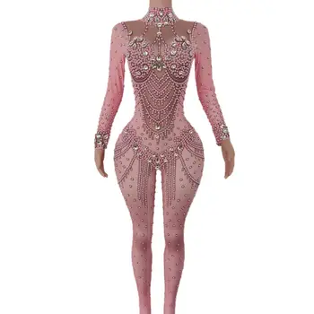 Розовые танцевальные костюмы для шоу танцовщиц, сексуальные Черные комбинезоны с крупными бриллиантами, комбинезон для ди-джея, боди со сверкающими кристаллами, одежда для сцены в ночном клубе