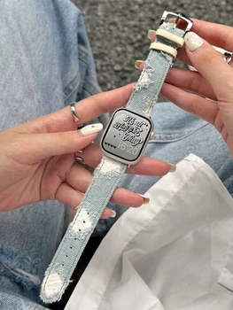 Стильный ремешок из рваной джинсовой кожи для часов iWatch серии 8 7 6 5 4 SE INS Design Girl Для Apple Watch 41 мм 40 44 45 49 мм