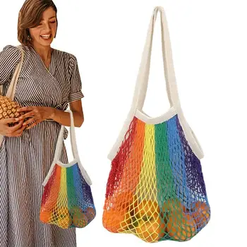 Хлопчатобумажный сетчатый мешок Эластичный и красочный дизайн Многоразовые продуктовые сумки Сетчатый органайзер для покупок Сумка для хранения овощей