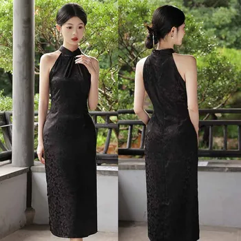 Черный винтажный сексуальный тонкий Чонсам, модные элегантные вечерние платья Ципао с подвешенным вырезом, женское новинка, классическое китайское платье