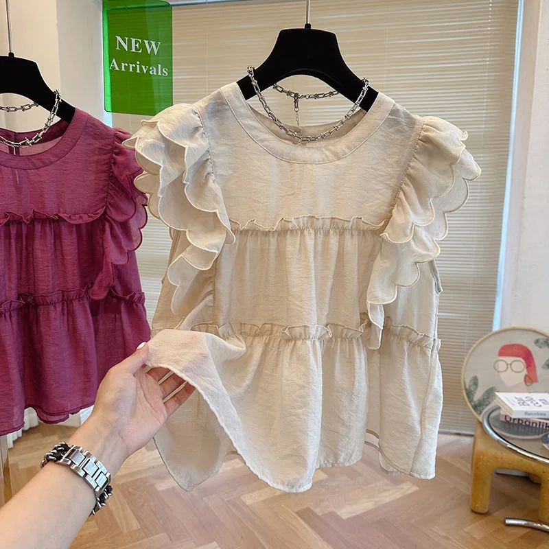 Женские свободные рубашки с круглым вырезом, летняя однотонная Милая рубашка без рукавов, модный топ, Корейская Белая блузка с рюшами и рукавом-бабочкой, одежда