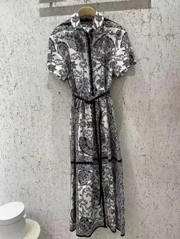 2023 Летнее платье макси трапециевидной формы из поплина с цветочным принтом Кешью, хлопчатобумажный отложной воротник, женская длинная юбка