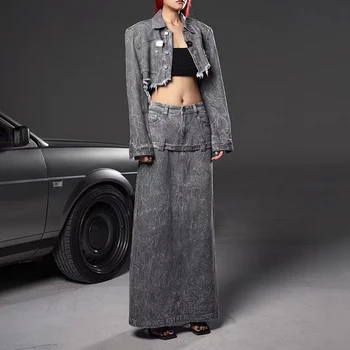 2023 осенний новый женский жакет с длинной юбкой, костюм в стиле ретро, выстиранный по старому, джинсовая куртка с коротким разрезом и бахромой по краю + юбка в пол-тела y2k
