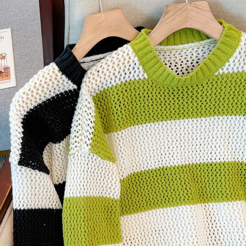 Осенне-зимний женский свитер в полоску, повседневные свободные Универсальные модные пуловеры с круглым вырезом, выдалбливают Простые женские топы на Хай-стрит