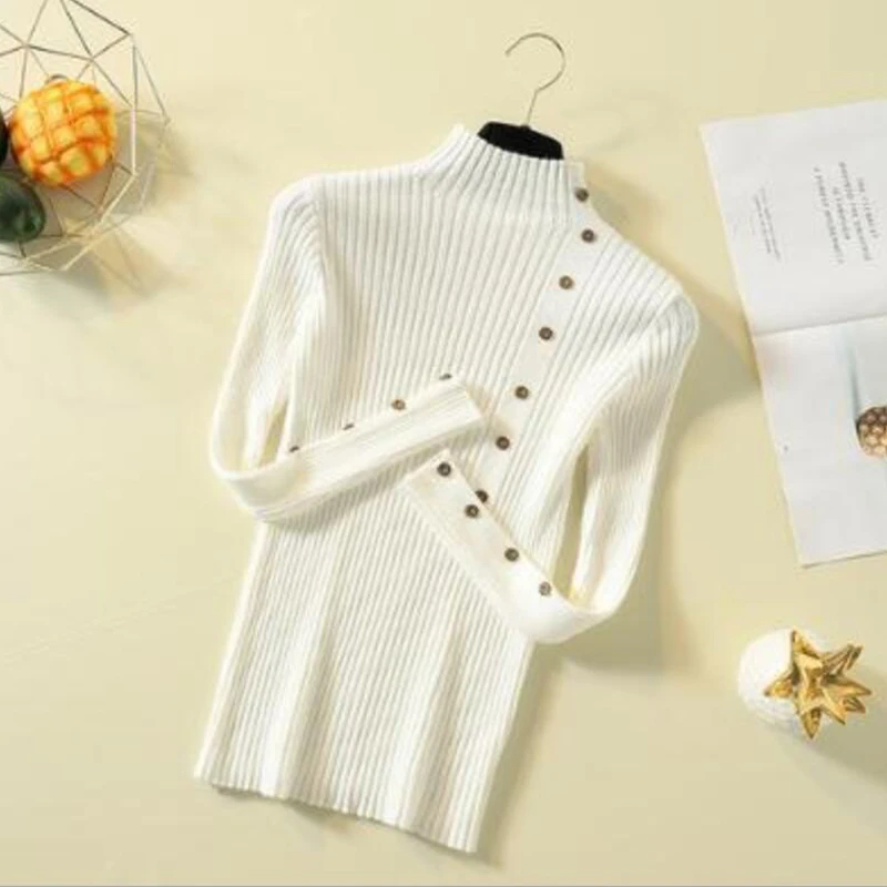 Пуловер, свитер, Женская одежда 2023, Зимний однотонный женский вязаный топ в рубчик с круглым вырезом и пуговицами, Тонкий Элегантный эластичный свитер