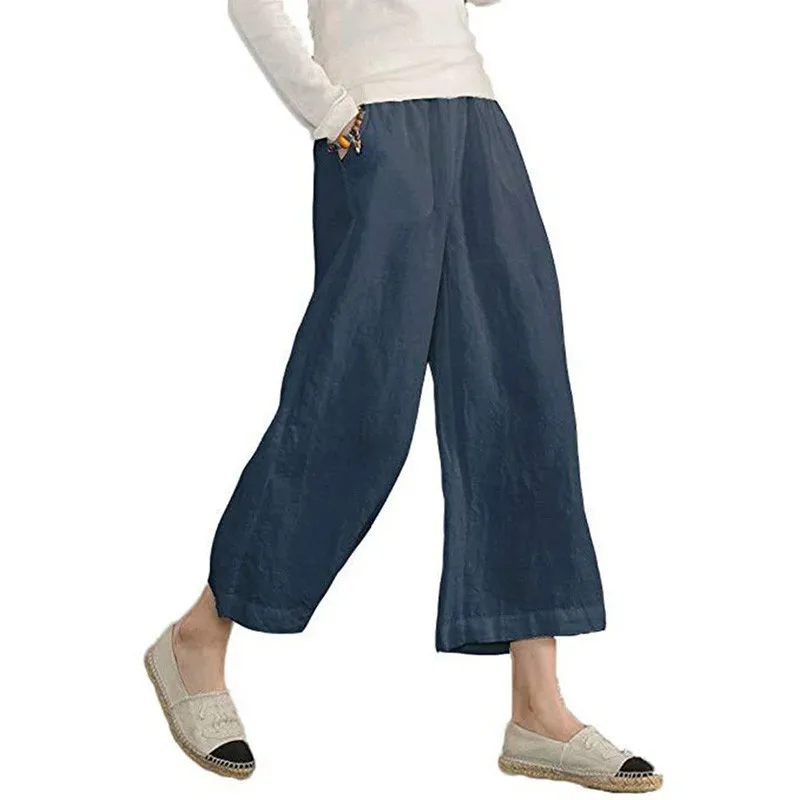 Хлопчатобумажные льняные широкие брюки для женщин Мода 2022 года Весна Лето Новые Однотонные карманы Повседневные Свободные белые девятые брюки средней талии