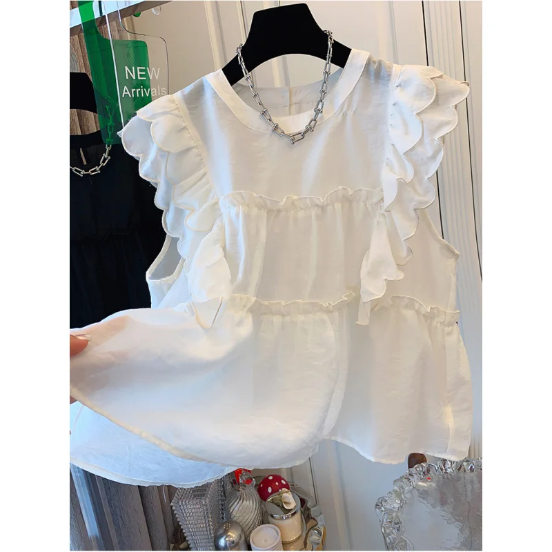 Женские свободные рубашки с круглым вырезом, летняя однотонная Милая рубашка без рукавов, модный топ, Корейская Белая блузка с рюшами и рукавом-бабочкой, одежда