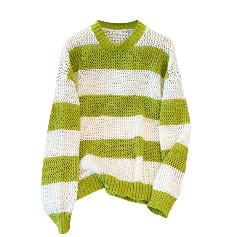 Осенне-зимний женский свитер в полоску, повседневные свободные Универсальные модные пуловеры с круглым вырезом, выдалбливают Простые женские топы на Хай-стрит