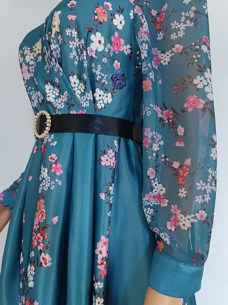 Элегантные женские платья трапециевидной формы с цветочным принтом, газовое плиссированное платье Миди с длинным рукавом и поясом, скромная вечерняя офисная одежда