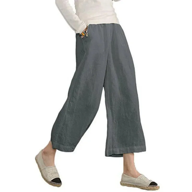 Хлопчатобумажные льняные широкие брюки для женщин Мода 2022 года Весна Лето Новые Однотонные карманы Повседневные Свободные белые девятые брюки средней талии
