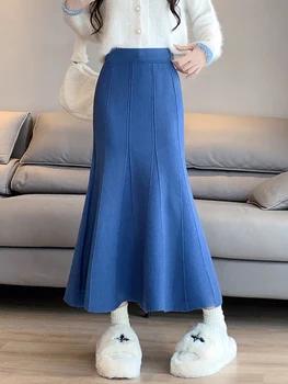 TIGENA Элегантная вязаная длинная юбка-русалка для женщин Осень-зима 2023, Корейская простая офисная женская юбка Миди с высокой талией, женская синяя