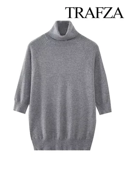 TRAFZA 2023 Женский повседневный вязаный однотонный шикарный свитер, пуловеры, женский Свободный Элегантный топ с круглым вырезом и длинным рукавом, женский спортивный костюм