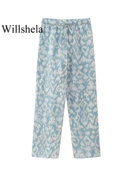Willshela Женские модные прямые брюки на шнуровке с синим принтом, винтажные женские шикарные брюки полной длины с высокой эластичной талией.