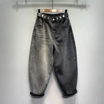 Брюки с высокой талией, женский дизайн с регулируемой пряжкой, эластичные мешковатые джинсы, осенне-зимние универсальные черные джинсы, широкая женская одежда