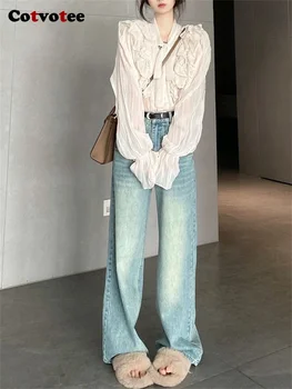 Винтажные джинсы Cotvotee для женщин 2023, осень-зима, новые модные джинсы с карманами на пуговицах, Высокая талия, контрастный цвет, Широкие брюки