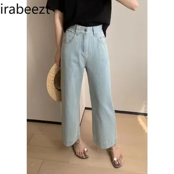 Джинсовые брюки Irabeezt с широкими штанинами в Корейском стиле, повседневные Свободные Прямые джинсы с высокой талией, Тонкие светлые джинсы, женская модная одежда