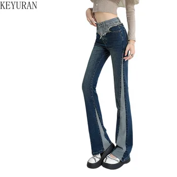 Джинсы с высокой талией в американском уличном стиле, женская мода, винтажные синие брюки-клеш в стиле пэчворк, джинсовые брюки Y2K, Женская одежда