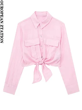 Женская мода 2023 года с пайетками, льняные рубашки с узлом, винтажные рубашки с длинными рукавами и пуговицами спереди, женские блузки, шикарные топы