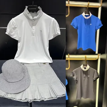 Женская одежда для гольфа 23 Летняя Новая спортивная мода, универсальная футболка со стоячим вырезом и коротким рукавом, топ