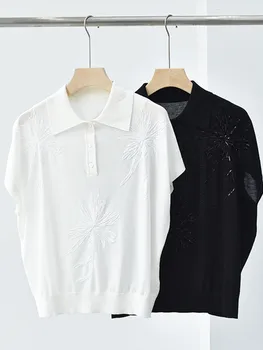 Женская трикотажная рубашка с цветочной вышивкой и пайетками, повседневная темпераментная женская свободная блузка с отложным воротником и коротким рукавом, новинка 2023 года