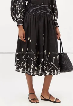 Женская юбка средней длины из высокоэластичного дышащего льна с цветочной вышивкой и зонтиком
