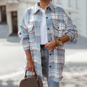 Женские фланелевые клетчатые легкие тонкие рубашки-пиджаки Реглан С длинным рукавом и нагрудными карманами на пуговицах, футболка с V-образным вырезом для женщин