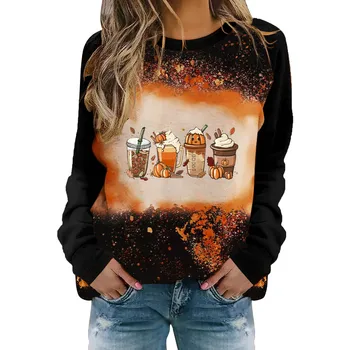 Женский Повседневный пуловер с глубоким вырезом и длинными рукавами на Хэллоуин, круглый вырез, кофейный принт, пуловер-толстовка без головы, топ-толстовка