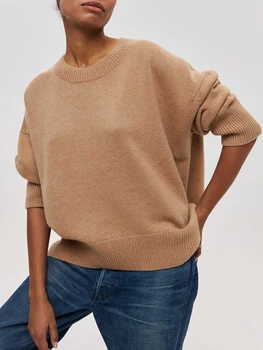 Женский универсальный мягкий толстый вязаный свитер цвета хаки, базовый элегантный пуловер с круглым вырезом и длинным рукавом, женский свитер оверсайз, вязаные топы