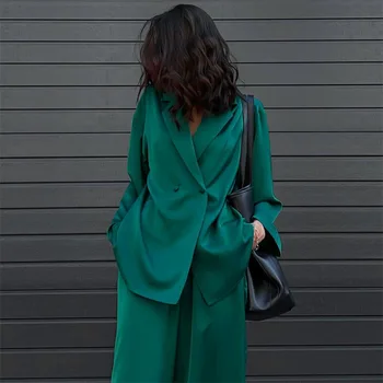 Зеленый Повседневный блейзер, комплект из двух предметов для женщин, Элегантное атласное пальто с длинным рукавом и длинными брюками, Офисный брючный костюм для леди 2023 г.